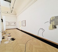 Installationsansicht | Von Symbionten und Monaden | Wand rechts: Arbeit von Stefanie Gerstmayr