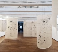 Mehrkörpersysteme | Prozession | Zeichnung auf Leinwand, Stanzösen, Schnur, Bleigewichte | 2025
