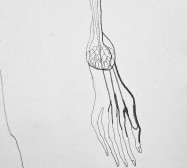 Prozession, Figur 3, Cyborg Warrior, Detail | 175 x 120 cm | Tusche auf Leinwand, genähte Parts | 2025