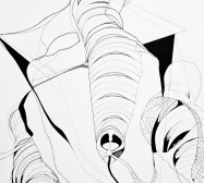 Prozession, Figur 3, Cyborg Warrior, Detail | 175 x 120 cm | Tusche auf Leinwand, genähte Parts | 2025