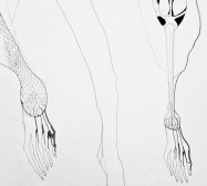 Prozession, Figur 3, Cyborg Warrior, Detail | 175 x 120 cm | Tusche auf Leinwand, genähte Parts | 2025