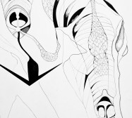Prozession, Figur 3, Cyborg Warrior, Detail | 175 x 120 cm | Tusche auf Leinwand, genähte Parts | 2025