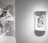 Triple Folds | ink on folded paper, cutouts, magnets, wood, macrolon, archival cardboard | exhibition view | photo: Jovan Kliska